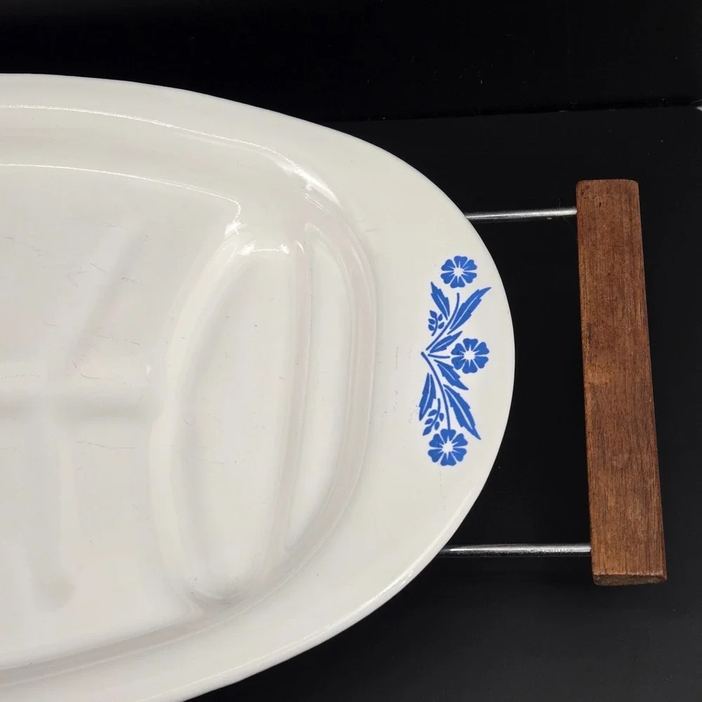 Vintage CorningWare Blue Cornflower P-19 Oval Platter Meat Tray with Cradle Rack